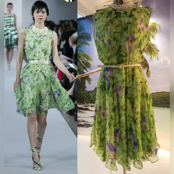 $5,900 NEW OSCAR DE LA RENTA ADOREABLE SILK GREEN IRISES RUNWAY DRESS US 8, 16 - Picture 5 of 16